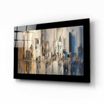 New York glass wall art displayed above a sideboard in a study