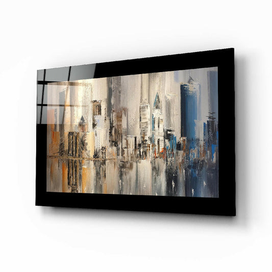 New York glass wall art displayed above a sideboard in a study