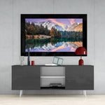 Glacier Lake glass wall art styled above a console in a study