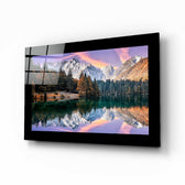 Glacier Lake glass wall art displayed above a bed in a bedroom