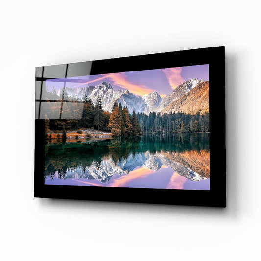 Glacier Lake glass wall art displayed above a bed in a bedroom