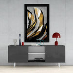 Gold Dust glass wall art styled above a console in a bedroom