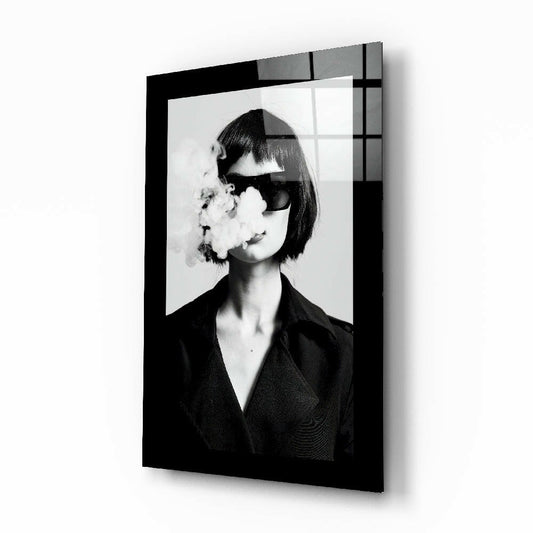 Smoke and Woman glass wall art displayed above a vanity in a dressing room