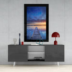 Sunset on the Dock glass wall art styled above a console in a meditation room