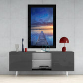 Sunset on the Dock glass wall art styled above a console in a meditation room