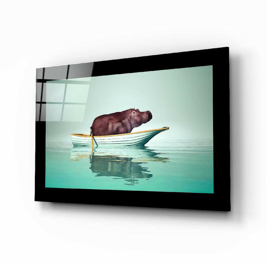 Hippo glass wall art displayed above a console in a child's room