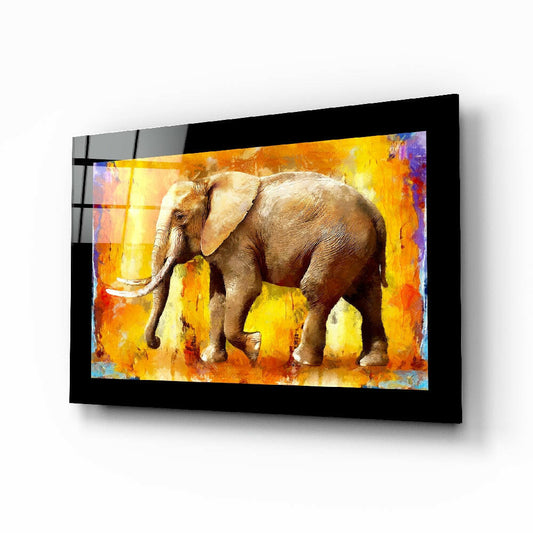 Elephant glass wall art displayed above a sideboard in a study