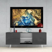 Gold Blue glass wall art styled above a console in a bedroom