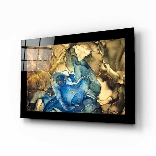 Gold Blue glass wall art displayed above a sideboard in a study