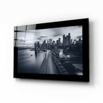 New York glass wall art displayed above a sideboard in a study