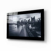 New York glass wall art displayed above a sideboard in a study