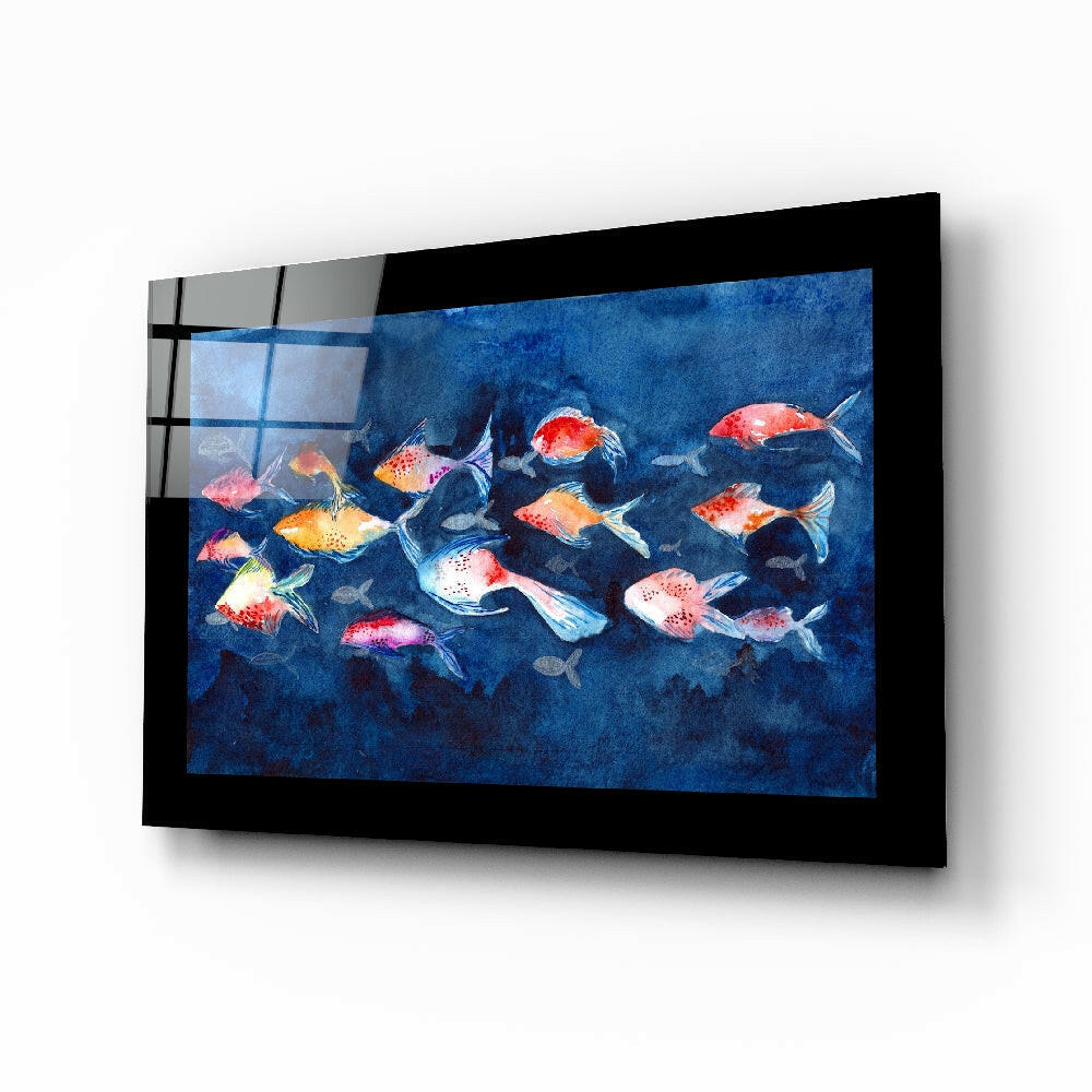 Colorful Fishes glass wall art displayed above a bed in a bedroom