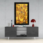 Tree of Life glass wall art styled above a sideboard in a dining room