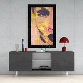 Woman Portrait glass wall art styled above a console in a creative studio