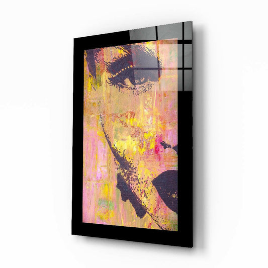 Woman Portrait glass wall art displayed above a bed in a bedroom