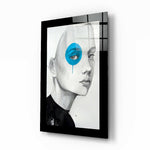 Blue Vision glass wall art displayed above a sideboard in a study