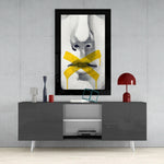 No Talking glass wall art styled above a console in a teen den