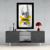 No Talking glass wall art styled above a console in a teen den