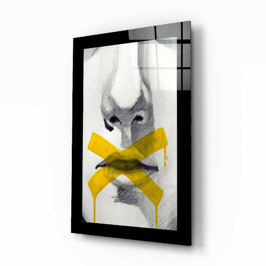 No Talking glass wall art displayed above a sideboard in a study