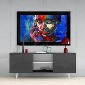 Deep Solitude glass wall art styled above a console in a teen den