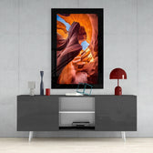 Grand Canyon Rift glass wall art styled above a console in a meditation room