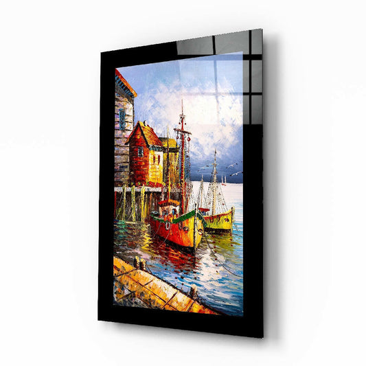 Fishing Town glass wall art displayed above a sideboard in a coastal cottage