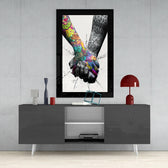 Meeting glass wall art styled above a console in a teen den