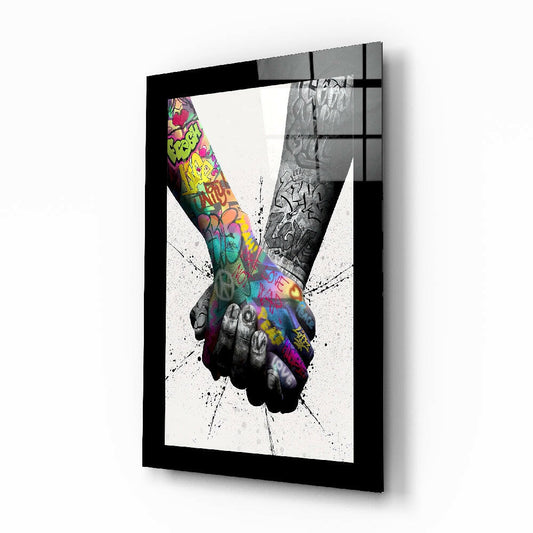 Meeting glass wall art displayed above a sideboard in a study