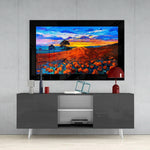 Poppy Field glass wall art styled above a console in a reading nook