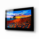 Poppy Field glass wall art displayed above a sideboard in a study