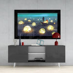 Moon Collector glass wall art styled above a console in a reading nook