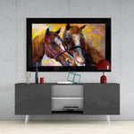 Farm Horses glass wall art styled above a console in a reading nook