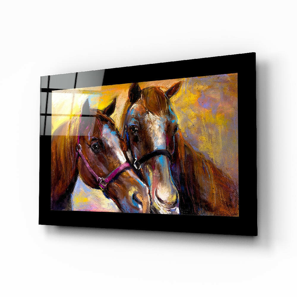 Farm Horses glass wall art displayed above a sideboard in a study