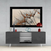 Cinnamon Dandelion glass wall art styled above a vanity in a powder room