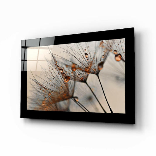 Cinnamon Dandelion glass wall art displayed above a bed in a bedroom