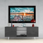 Sunset on the Dock glass wall art styled above a console in a meditation room