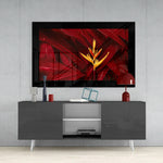 Red Leaves glass wall art styled above a console in a foyer