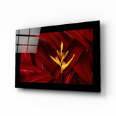 Red Leaves glass wall art displayed above a sideboard in a study