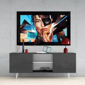 Modern Woman glass wall art styled above a console in a music room