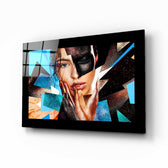 Modern Woman glass wall art displayed above a vanity in a dressing room