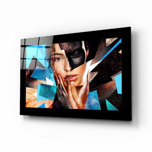 Modern Woman glass wall art displayed above a vanity in a dressing room