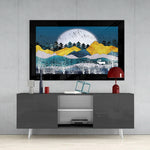 Golden Mountains glass wall art styled above a console in a meditation room