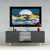 Golden Mountains glass wall art styled above a console in a meditation room