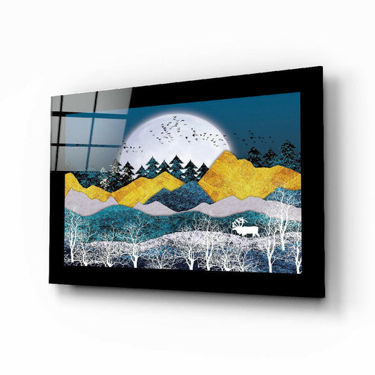 Golden Mountains glass wall art displayed above a sideboard in a study