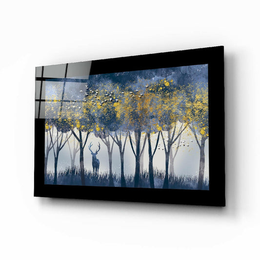 Silent Forest glass wall art displayed above a bed in a bedroom