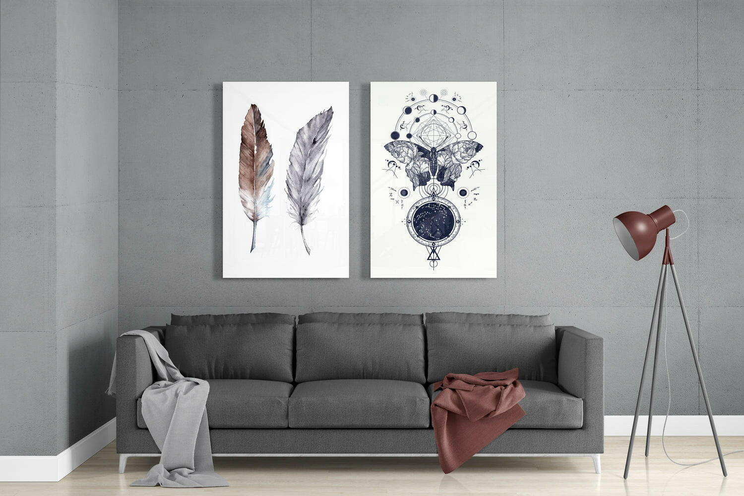 Feathers and Butterfly 2 Pieces Combine Glass Wall Art | Insigne Art Design.