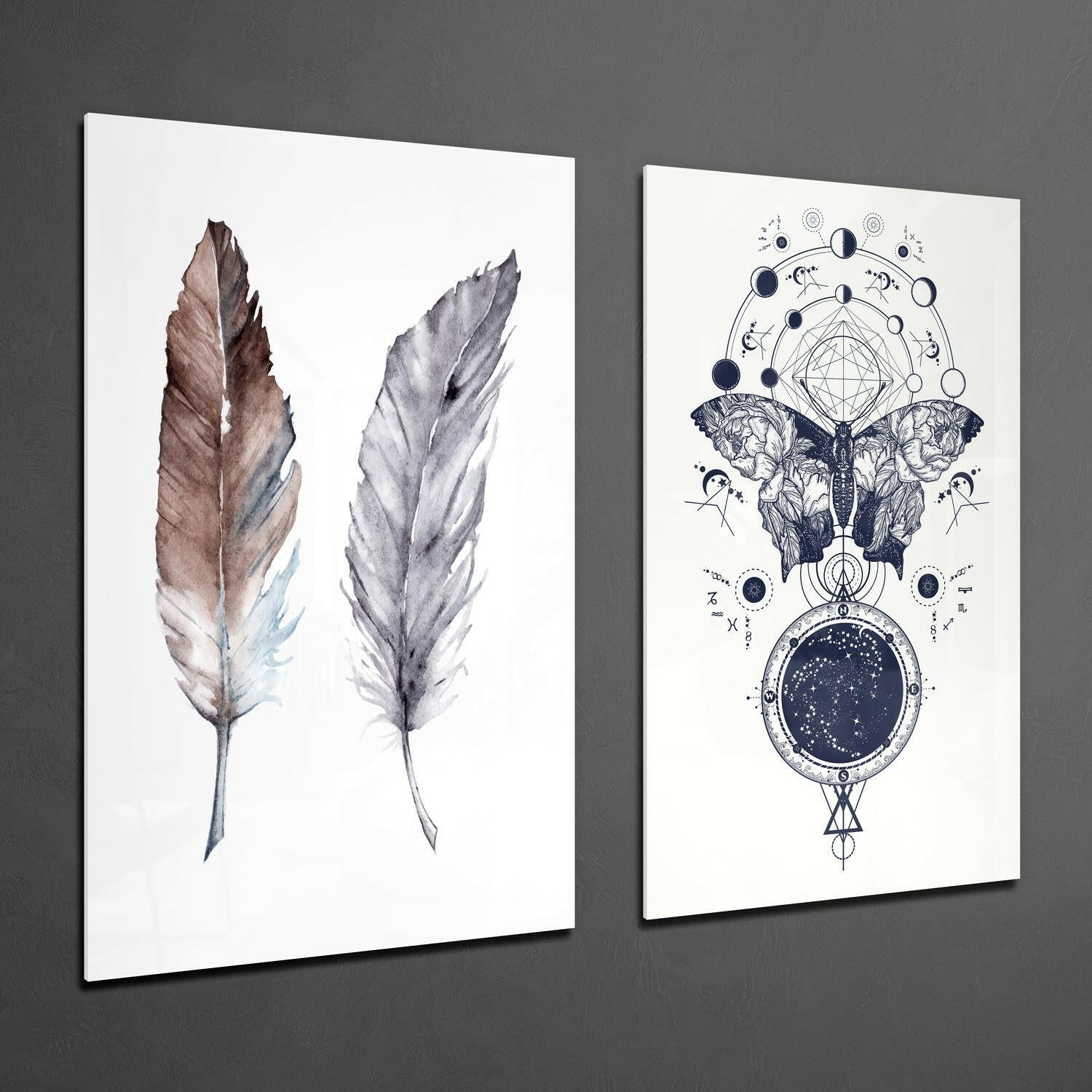 Feathers and Butterfly 2 Pieces Combine Glass Wall Art | Insigne Art Design.