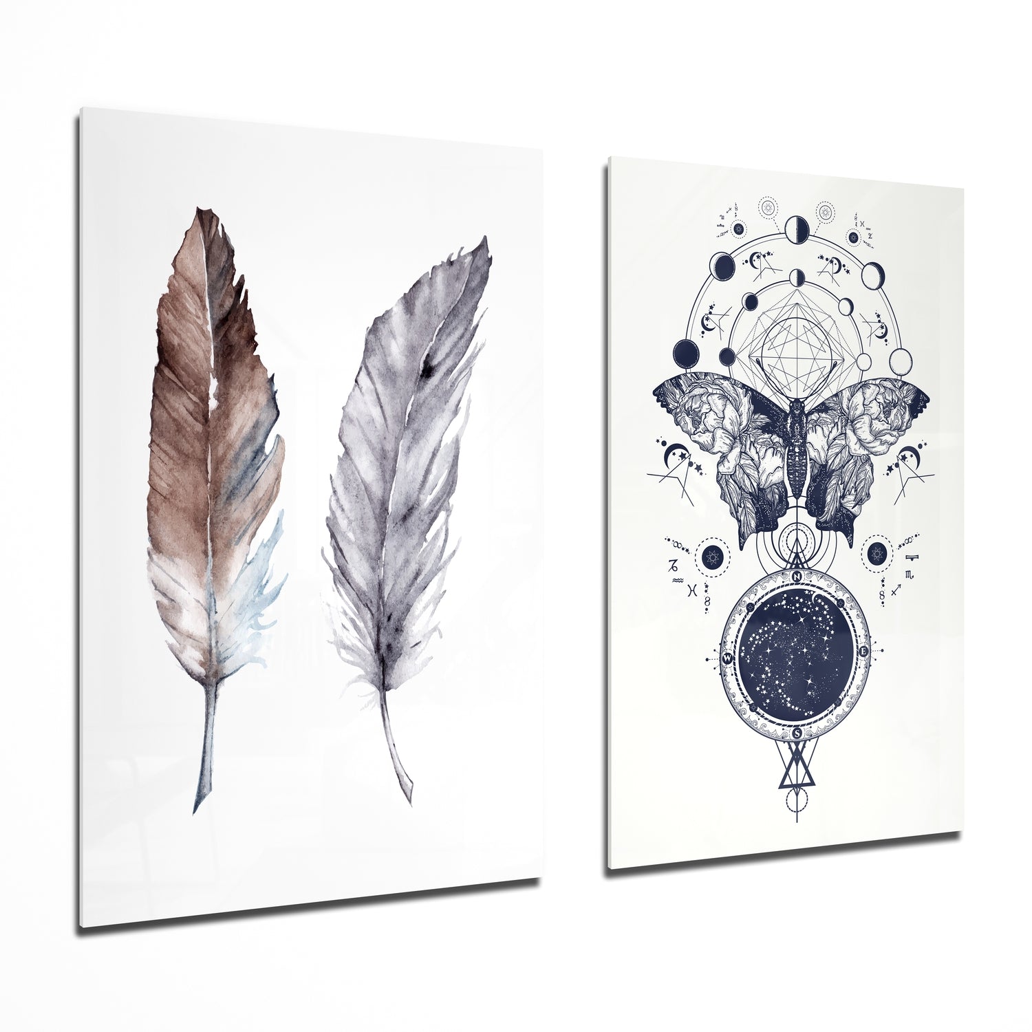 Feathers and Butterfly 2 Pieces Combine Glass Wall Art | Insigne Art Design