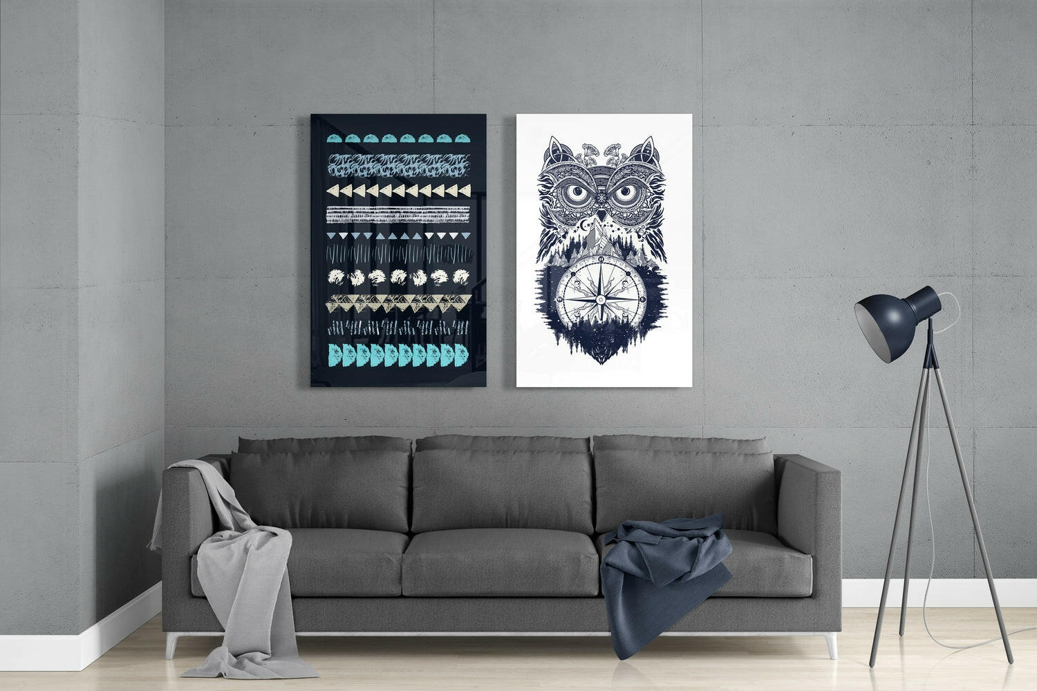 Owl and Shapes 2 Pieces Combine Glass Wall Art | Insigne Art Design.