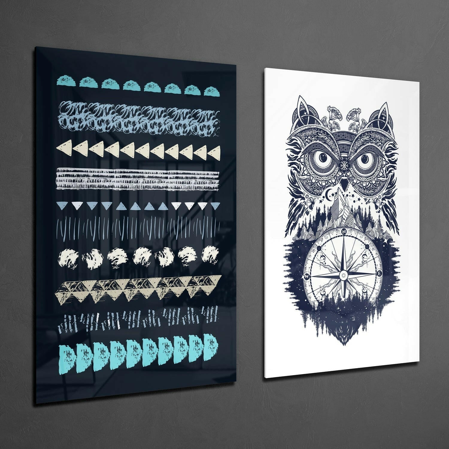 Owl and Shapes 2 Pieces Combine Glass Wall Art | Insigne Art Design.